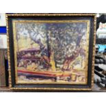 Hikamet Doment The Boat Yard gilt framed oleograph { 69cm H X 77cm W }.