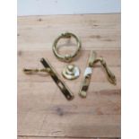 Collection of brass door furniture including knocker and two handles {Knocker 14 cm H x 14 cm W