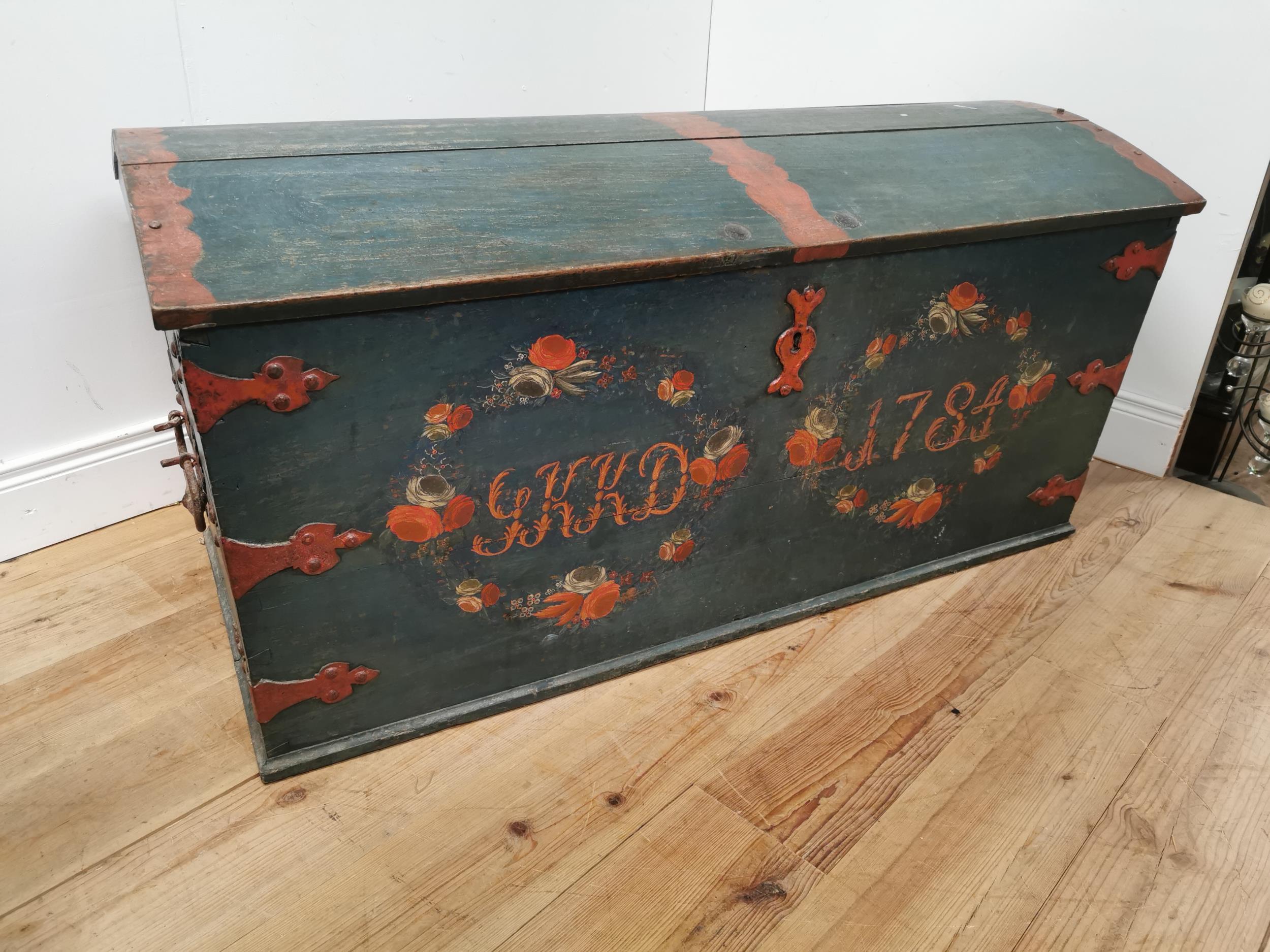 19th. C. Danish painted oak dome topped metal bound Marriage trunk G.K.K.D 1749 { 67cm H X 140cm W X