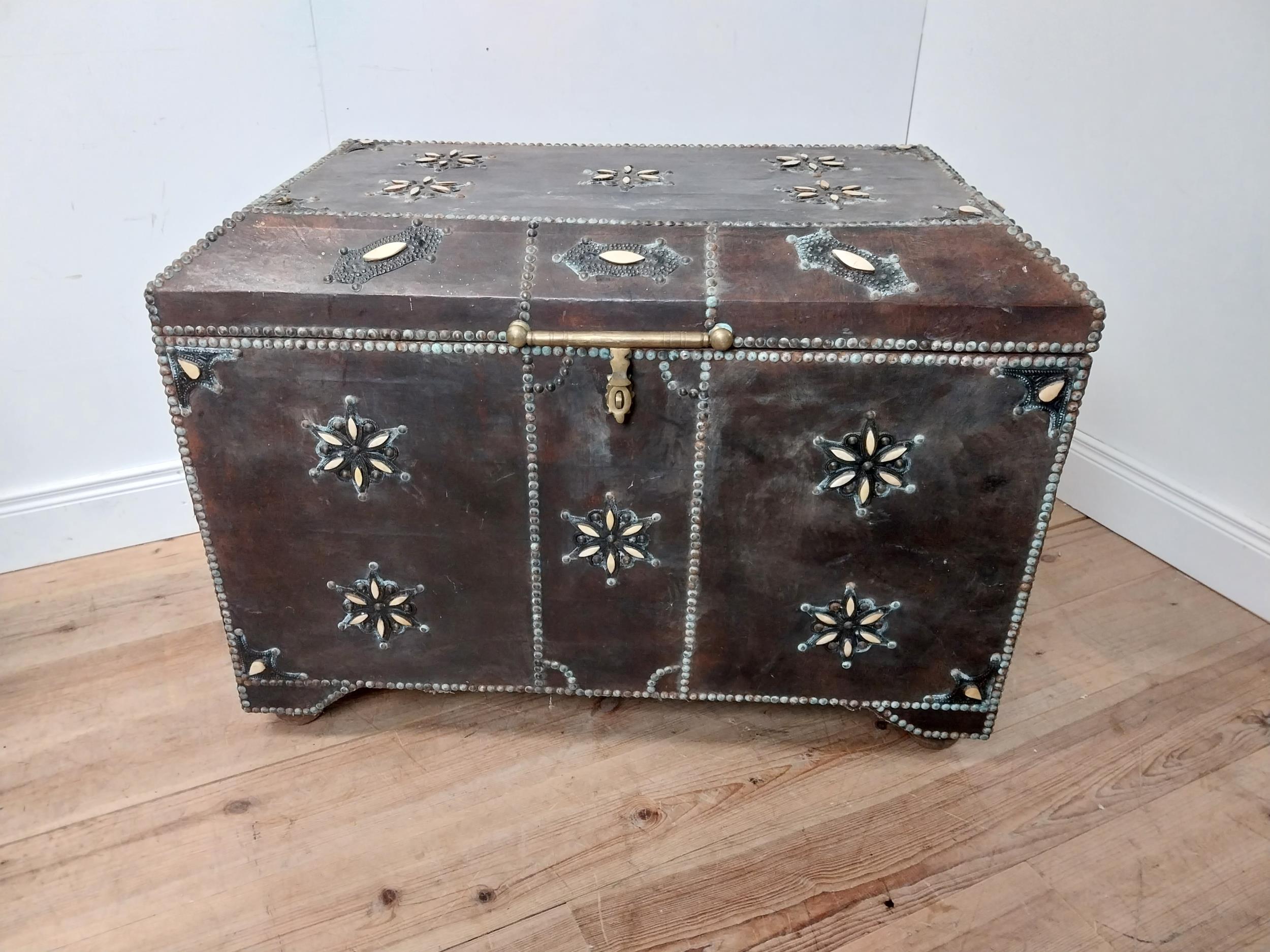 Unusual 20th C. leather bound trunk with brass studded detail {72cm H x 100cm W x 60cm D}