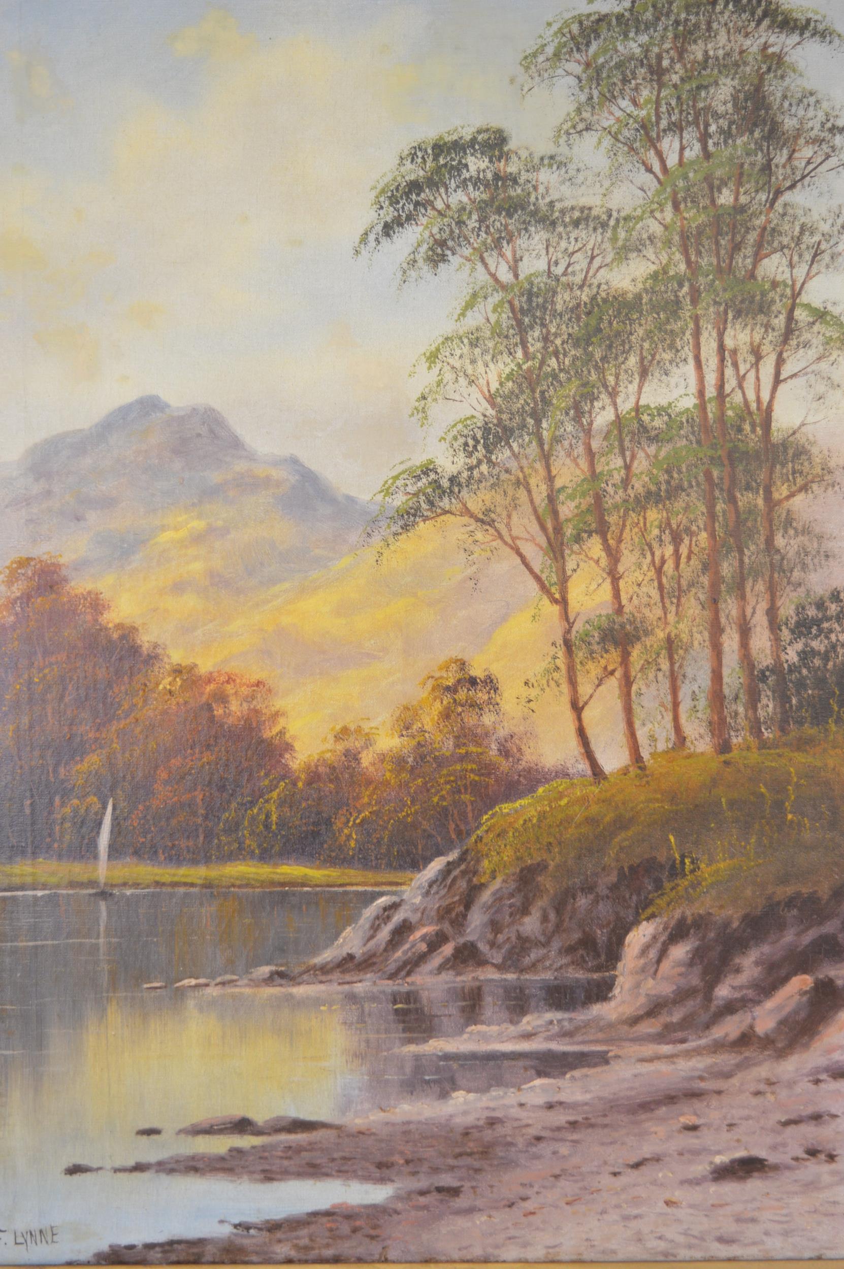 Oil on canvas Lake scene signed F. Lynne mounted in gilt frame{97cm H x 70cm W}. - Image 2 of 2