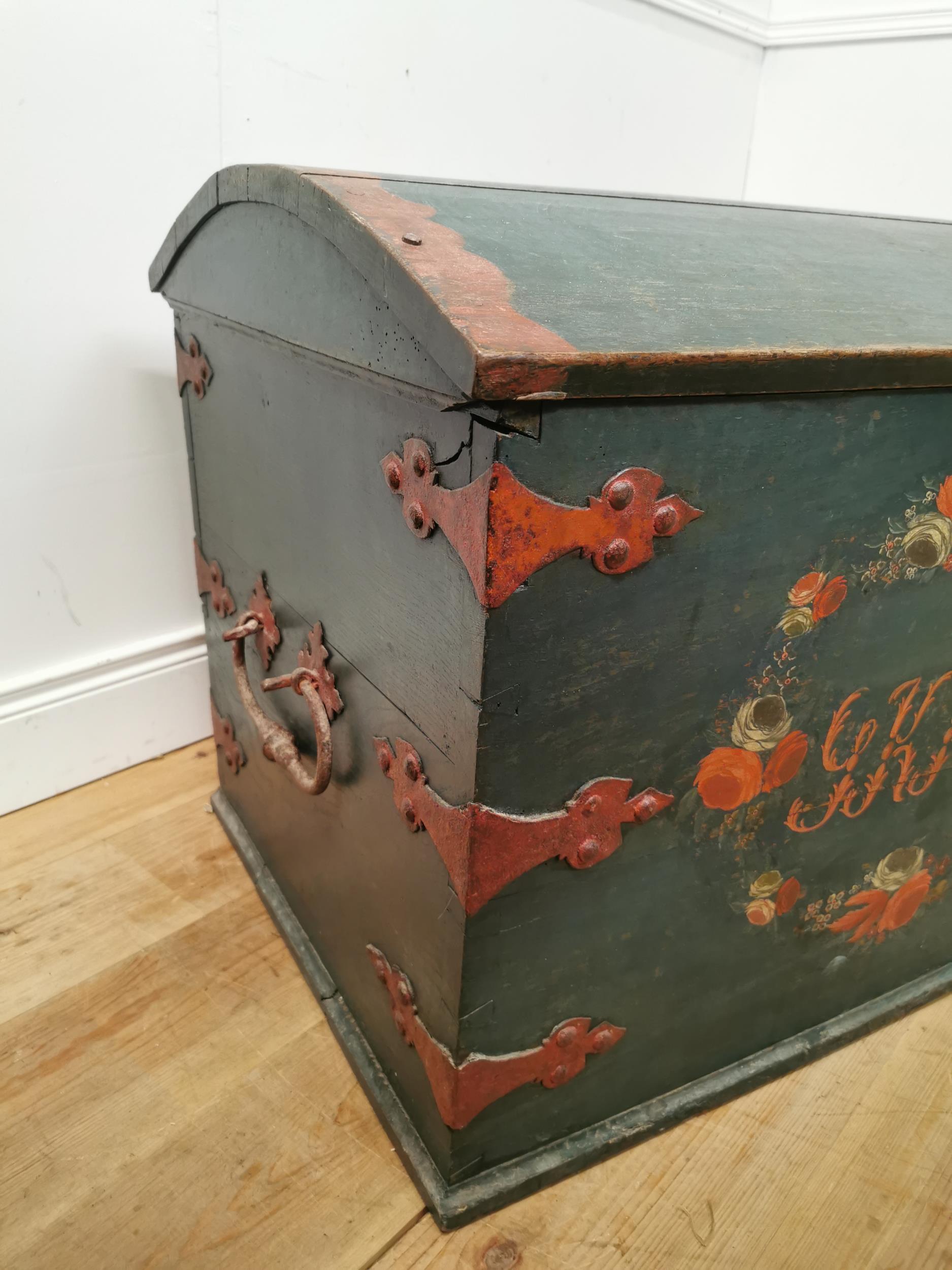 19th. C. Danish painted oak dome topped metal bound Marriage trunk G.K.K.D 1749 { 67cm H X 140cm W X - Image 2 of 5