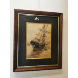 19th C. Maritime scene watercolour mounted in a veneered frame {55 cm H x 46 cm W}.