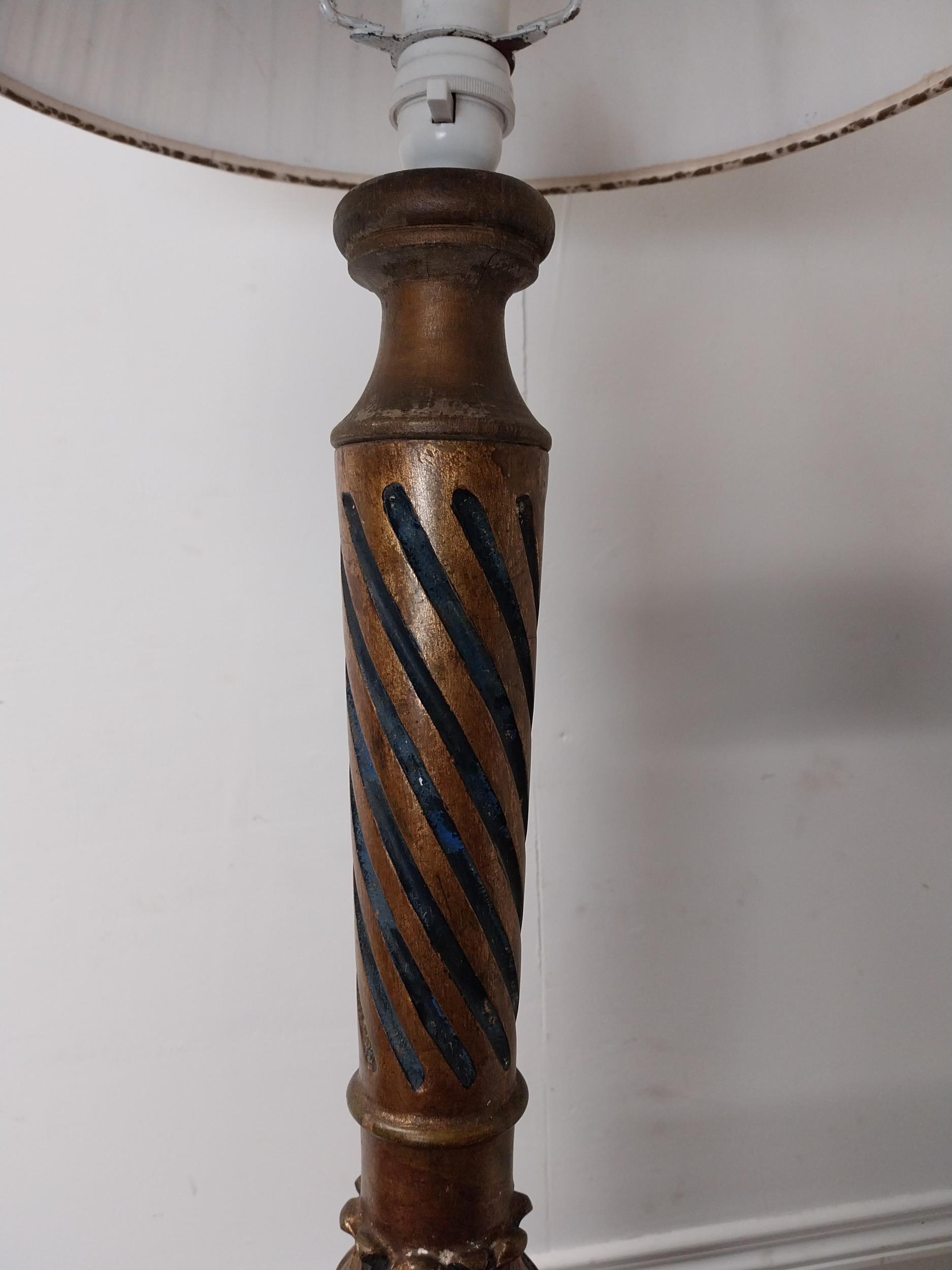 Italian gilt and painted pine table lamp with cloth shade {102 cm H x 40 cm Dia.}. - Image 3 of 3