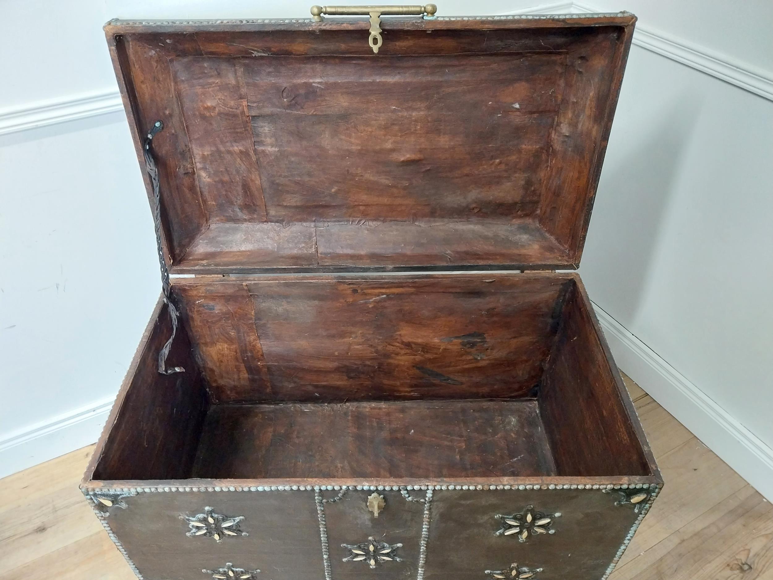 Unusual 20th C. leather bound trunk with brass studded detail {72cm H x 100cm W x 60cm D} - Image 5 of 5