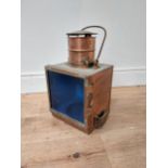 19th C. copper ships lantern with blue glass panel {47 cm H x 28 cm W x 21 cm D}.