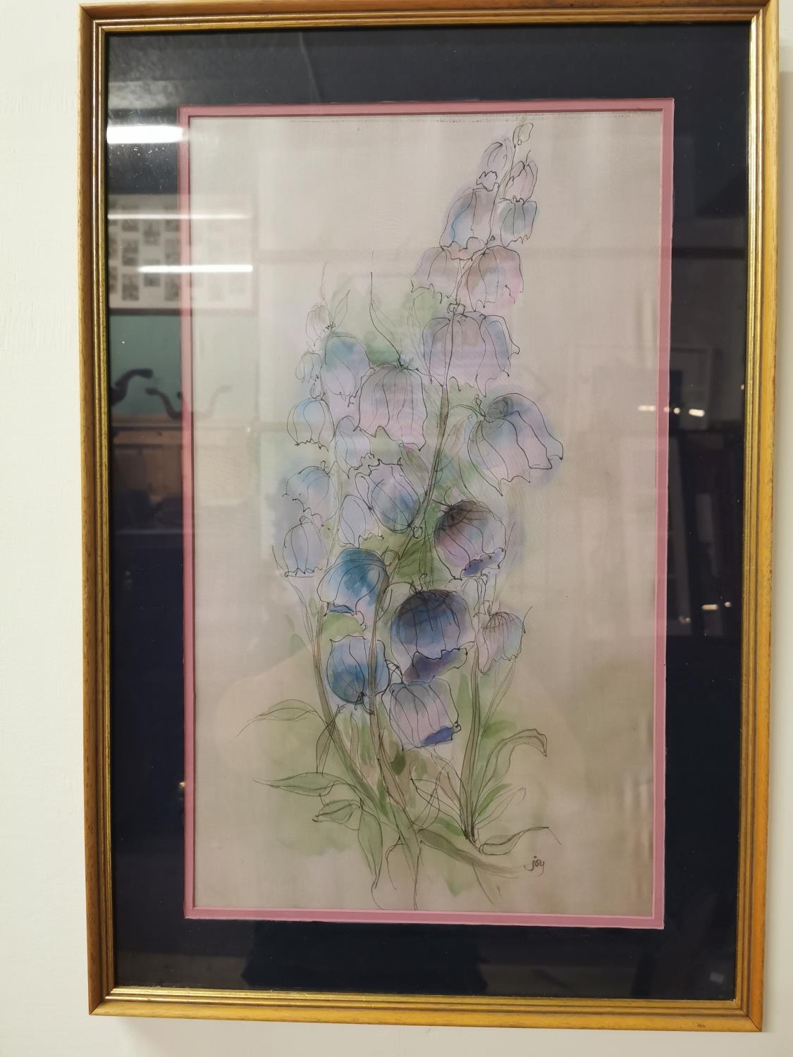 Watercolour depicting Fox Gloves signed Joy mounted in gilt frame {68 cm H x 46 cm W}. - Image 2 of 2