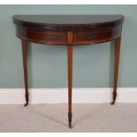 Edwardian mahogany inlaid demi-lune games table raised on square tapered legs {75cm H x 85cm W x