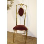 Brass hall chair with upholstered red velvet seat and back {110 cm H x 42 cm W x 40 cm D}.