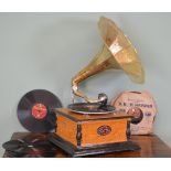 Sound master gramophone with brass horn {72 cm H x 40 cm Dia.}.