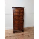 Good quality mahogany bow fronted tall boy raised on bracket feet {128 cm H x 54 cm W x 40 cm D}.