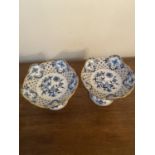 Pair of Meissen Blue Onion reticulated open work gilt porcelain compotes verso stamped with blue