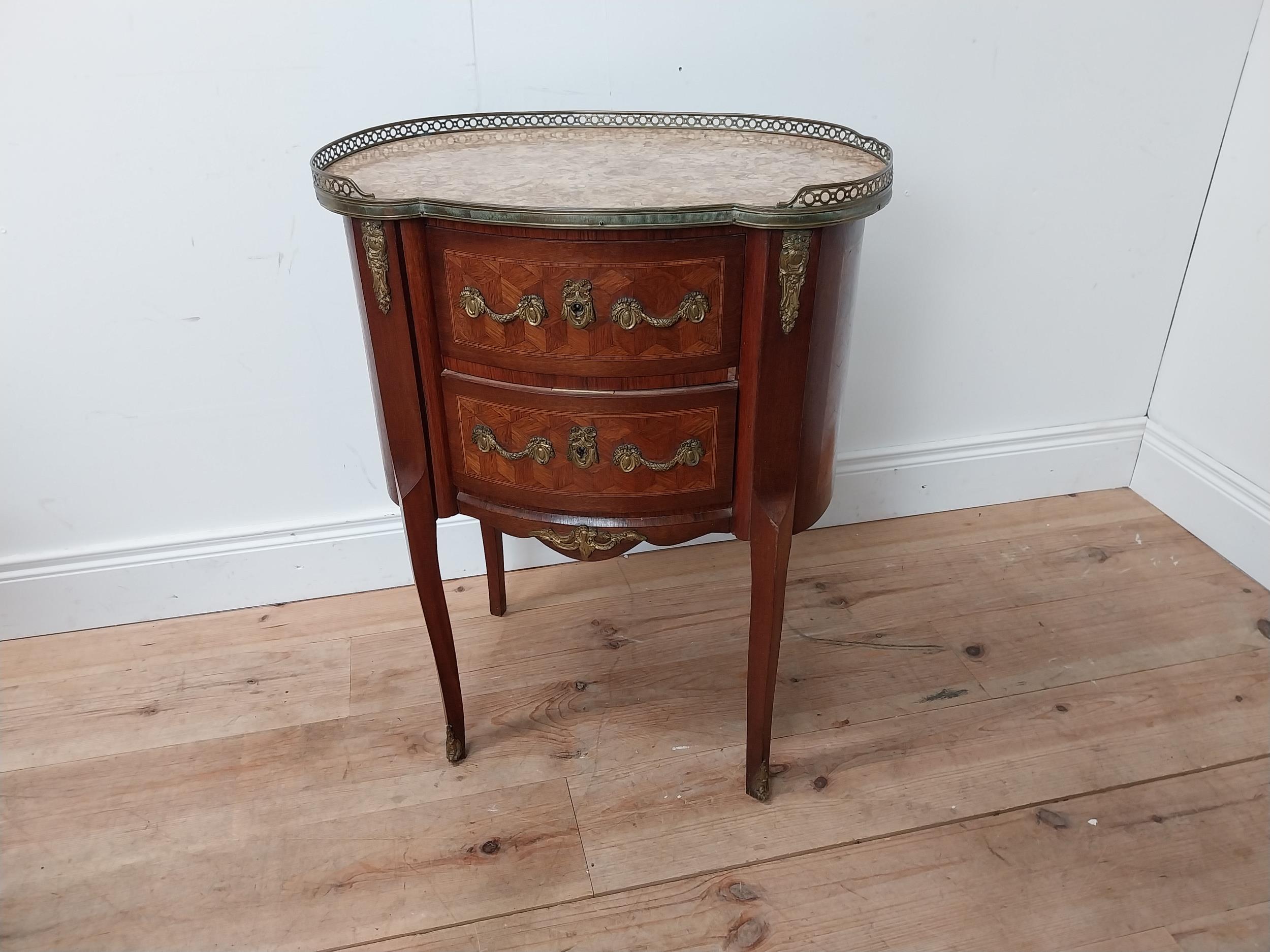 19th C. kidney shaped side cabinet with marble top, brass gallery and ormolou mounts with two