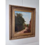 19th C. oil on canvas Village scene mounted in giltwood frame {72 cm H x 61 cm W}.