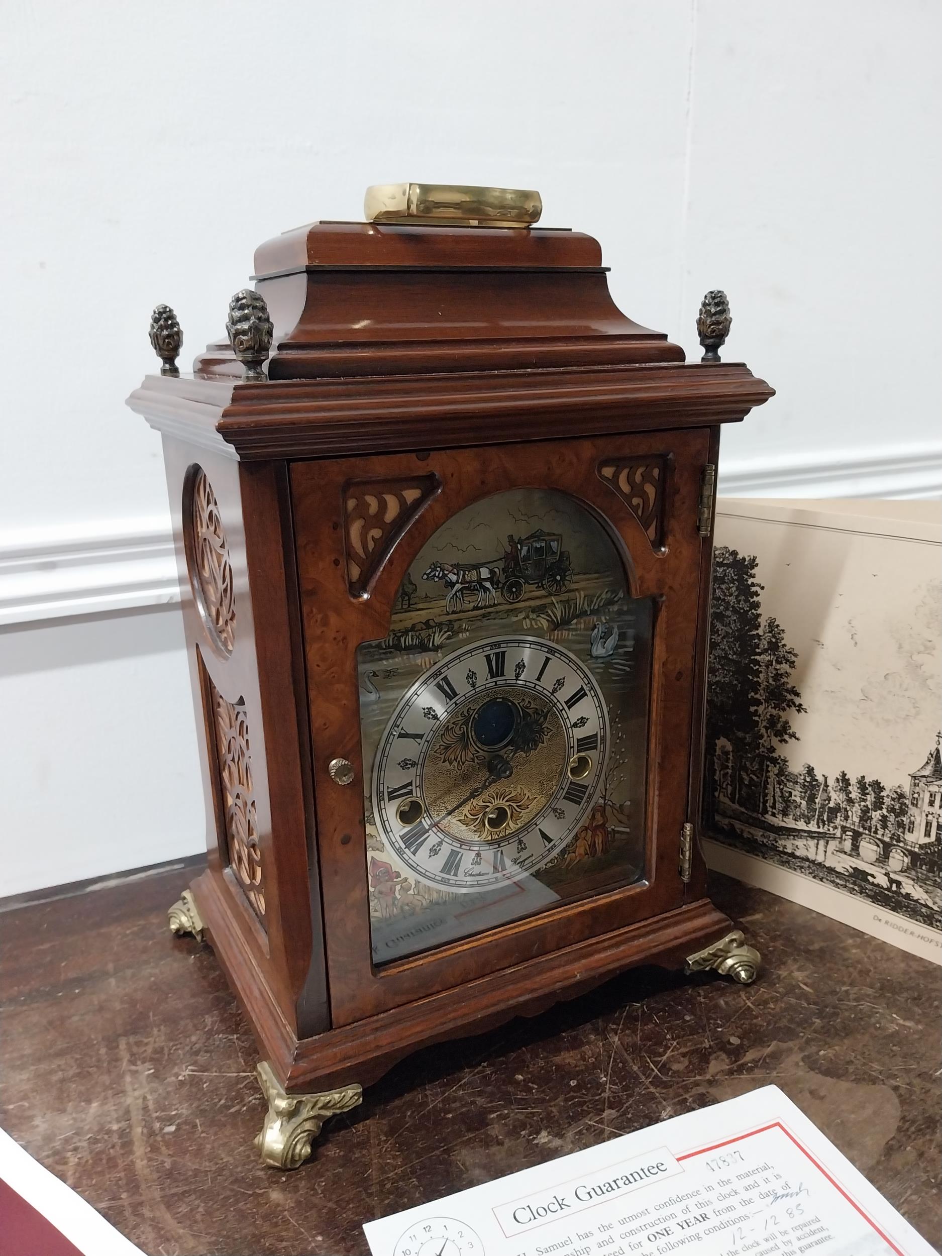 Burr walnut bracket clock with painted brass and silver dial on brass bracket feet made by - Image 3 of 4