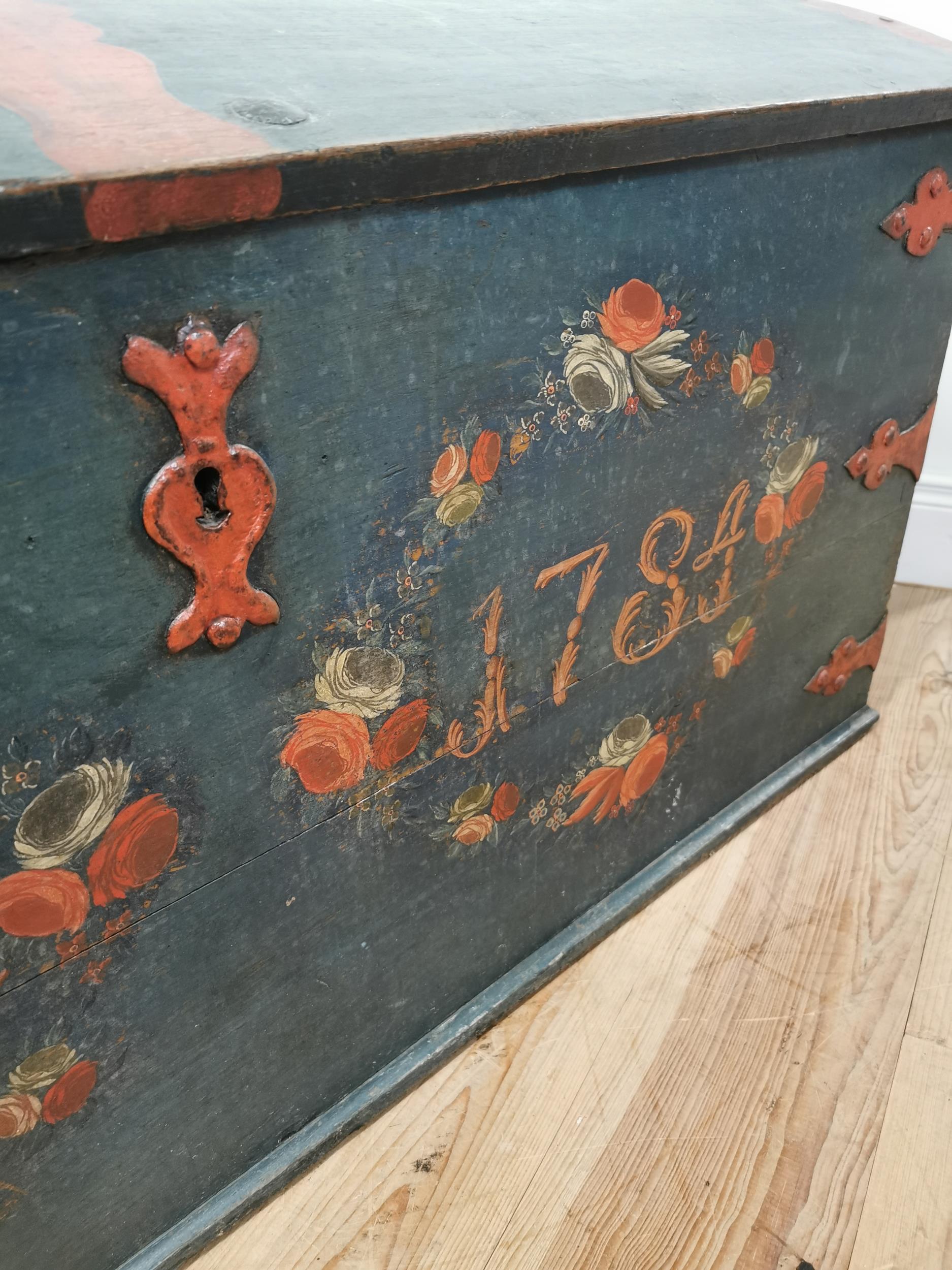 19th. C. Danish painted oak dome topped metal bound Marriage trunk G.K.K.D 1749 { 67cm H X 140cm W X - Image 3 of 5