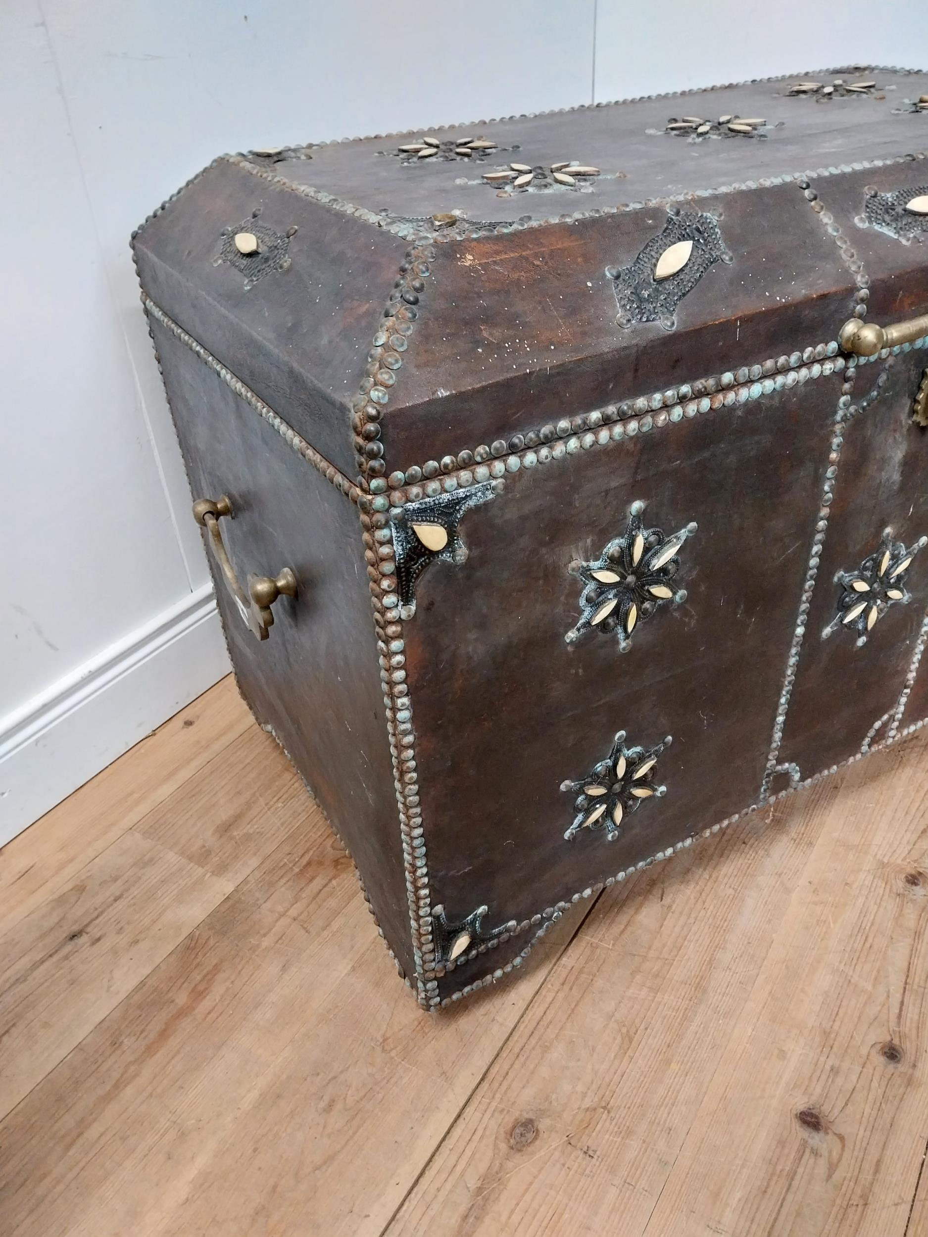 Unusual 20th C. leather bound trunk with brass studded detail {72cm H x 100cm W x 60cm D} - Image 2 of 5