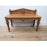 Rare late 19th C. oak hall bench with gallery back raised on turned legs {64 cm H x 93 cm W x 40