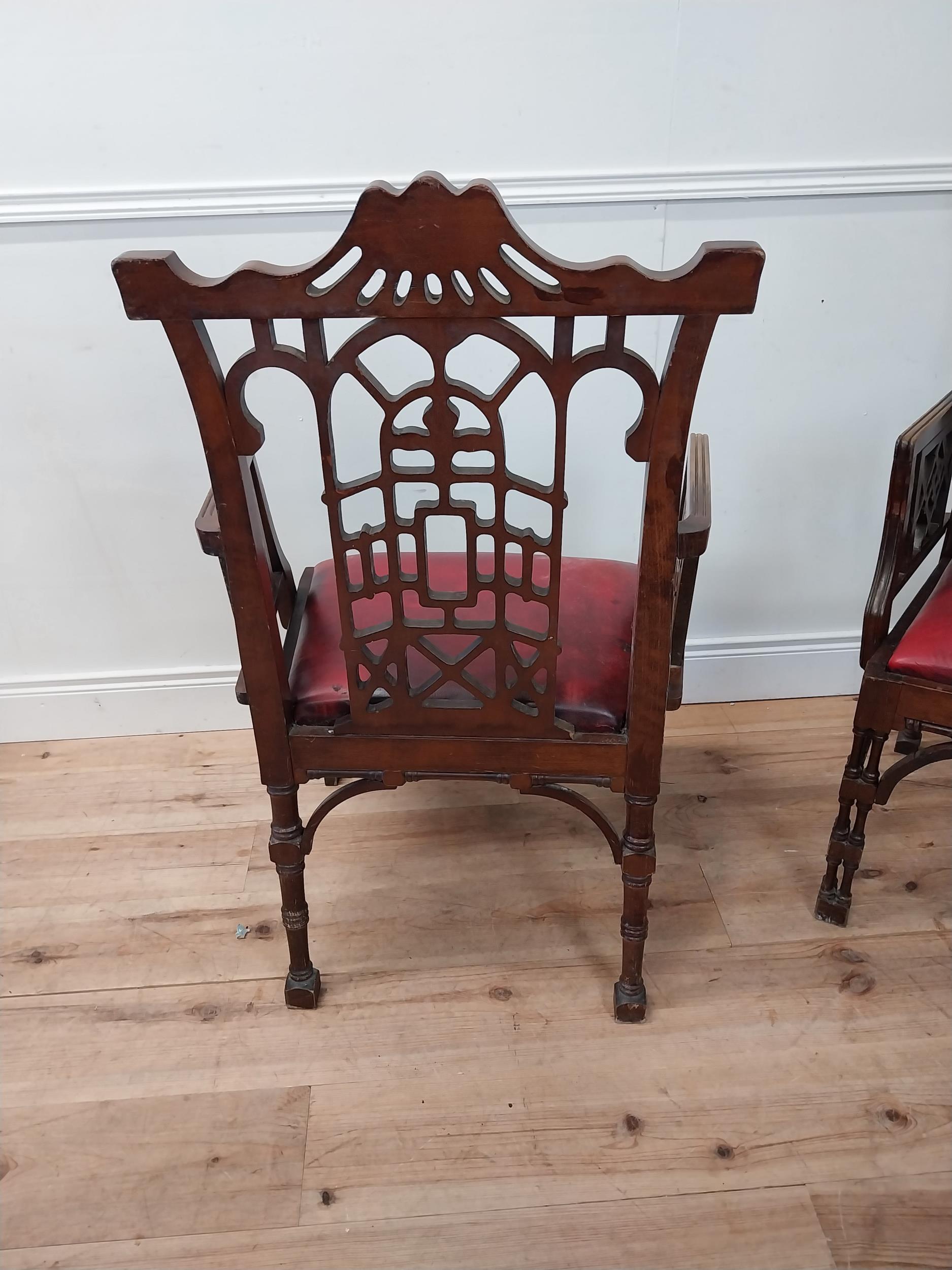 Pair of carved mahogany Chinese Chippendale style armchairs with inset leather seats {105cm H x 78cm - Image 4 of 5