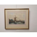 John Hamilton Glass SSA Windmill Scene 19th C. watercolour mounted in gilt frame {24 cm H x 33 cm