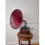 Early 20th C. oak cased gramophone with painted metal horn {67 cm H x 63 cm W x 53 cm D}.