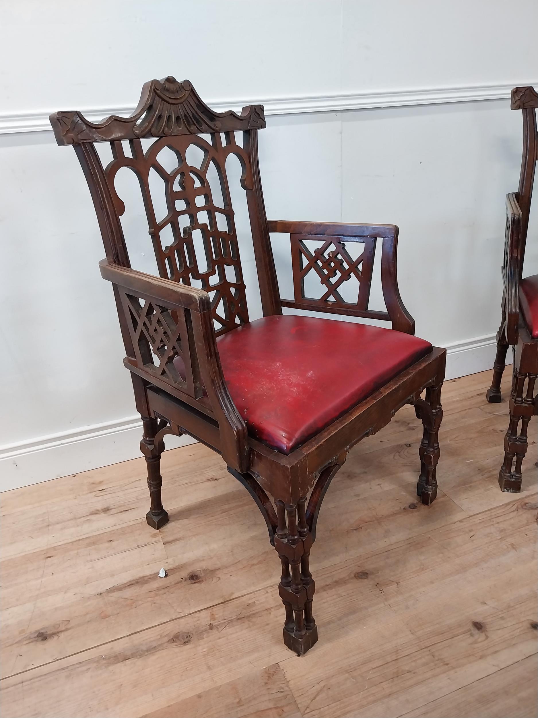 Pair of carved mahogany Chinese Chippendale style armchairs with inset leather seats {105cm H x 78cm - Image 2 of 5