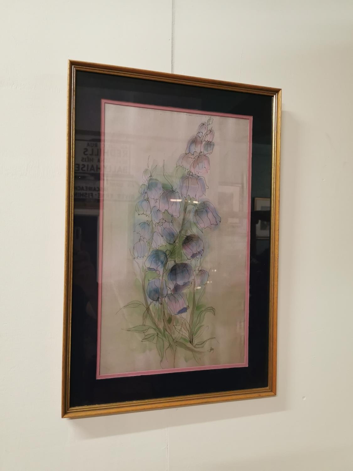Watercolour depicting Fox Gloves signed Joy mounted in gilt frame {68 cm H x 46 cm W}.