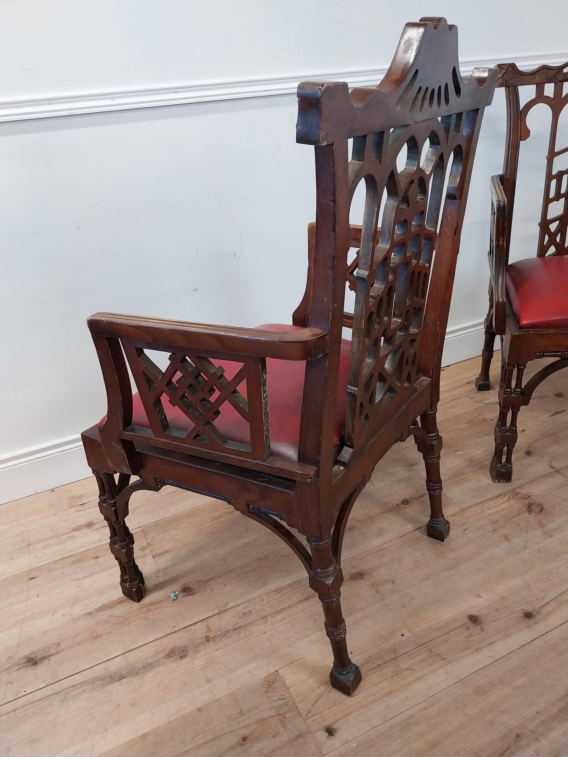 Pair of carved mahogany Chinese Chippendale style armchairs with inset leather seats {105cm H x 78cm - Image 5 of 5