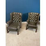 Pair of hand died leather deep buttoned wingbacks in the Georgian style {98 cm H x 88 cm W x 74 cm