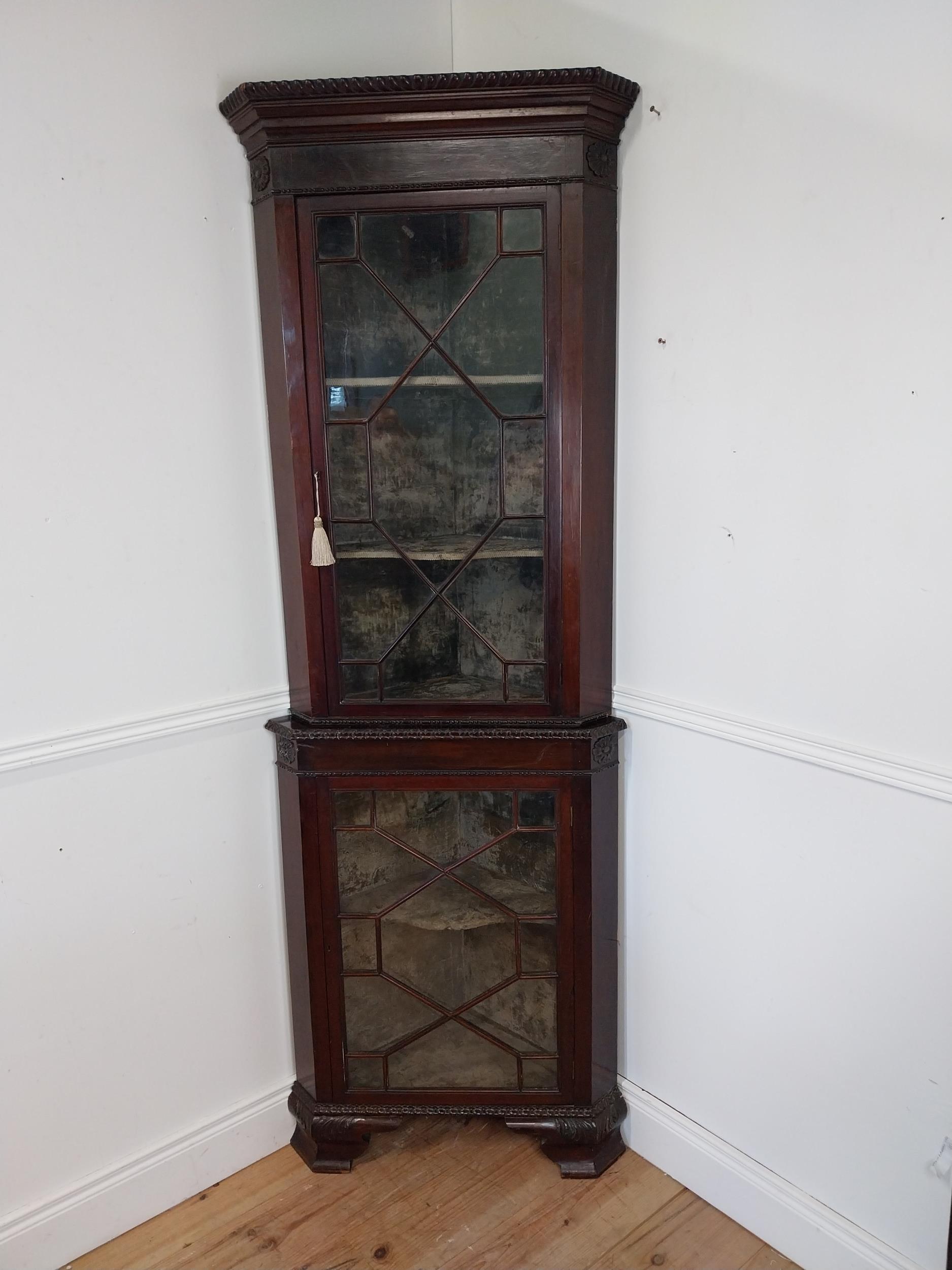 Edwardian mahogany corner cabinet with astral glazed doors and crushed velvet interior on bracket