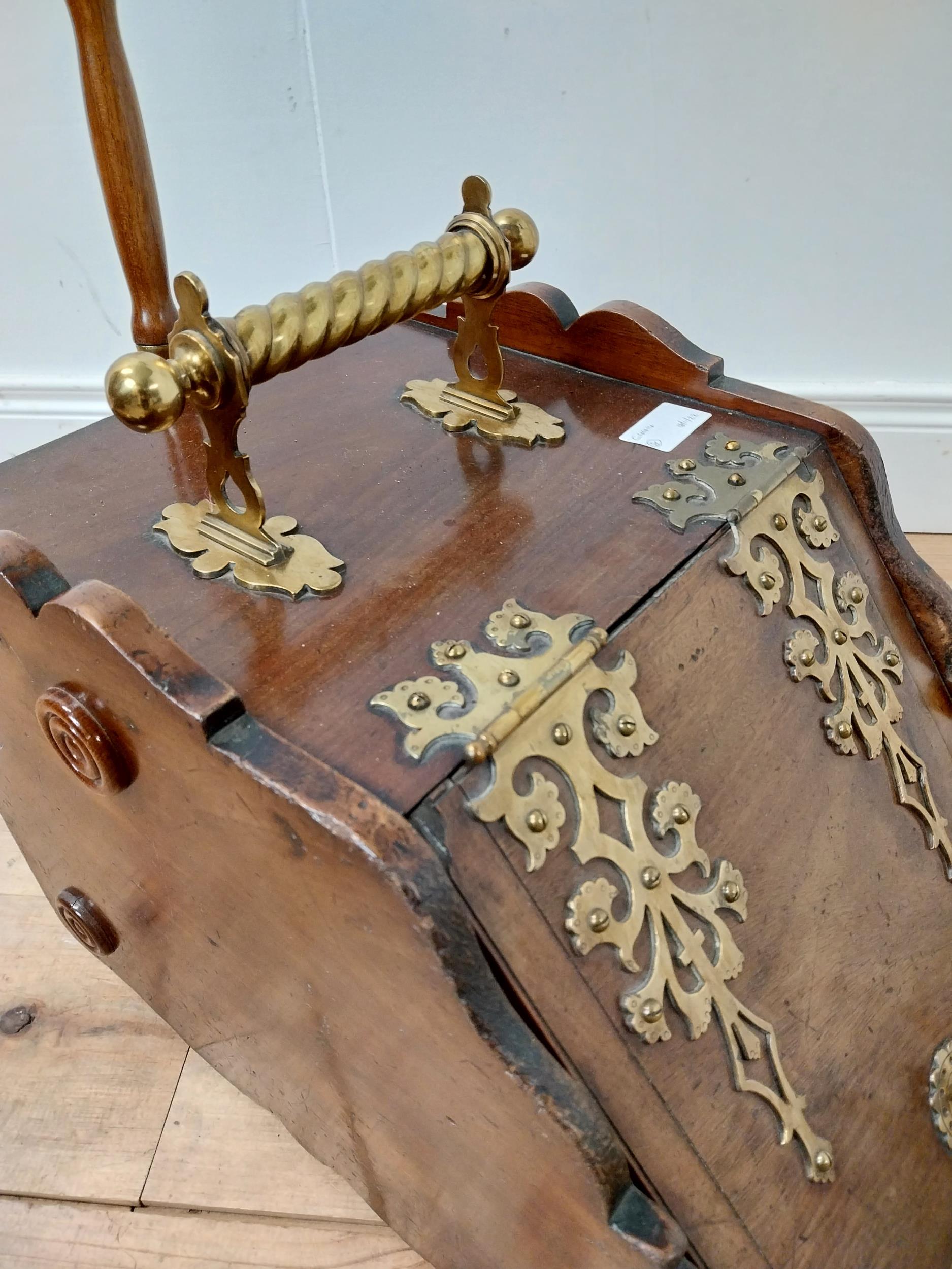 Edwardian mahogany and brass mounted coal scuttle {54 cm H x 32 cm W x 48 cm D}. - Image 3 of 5