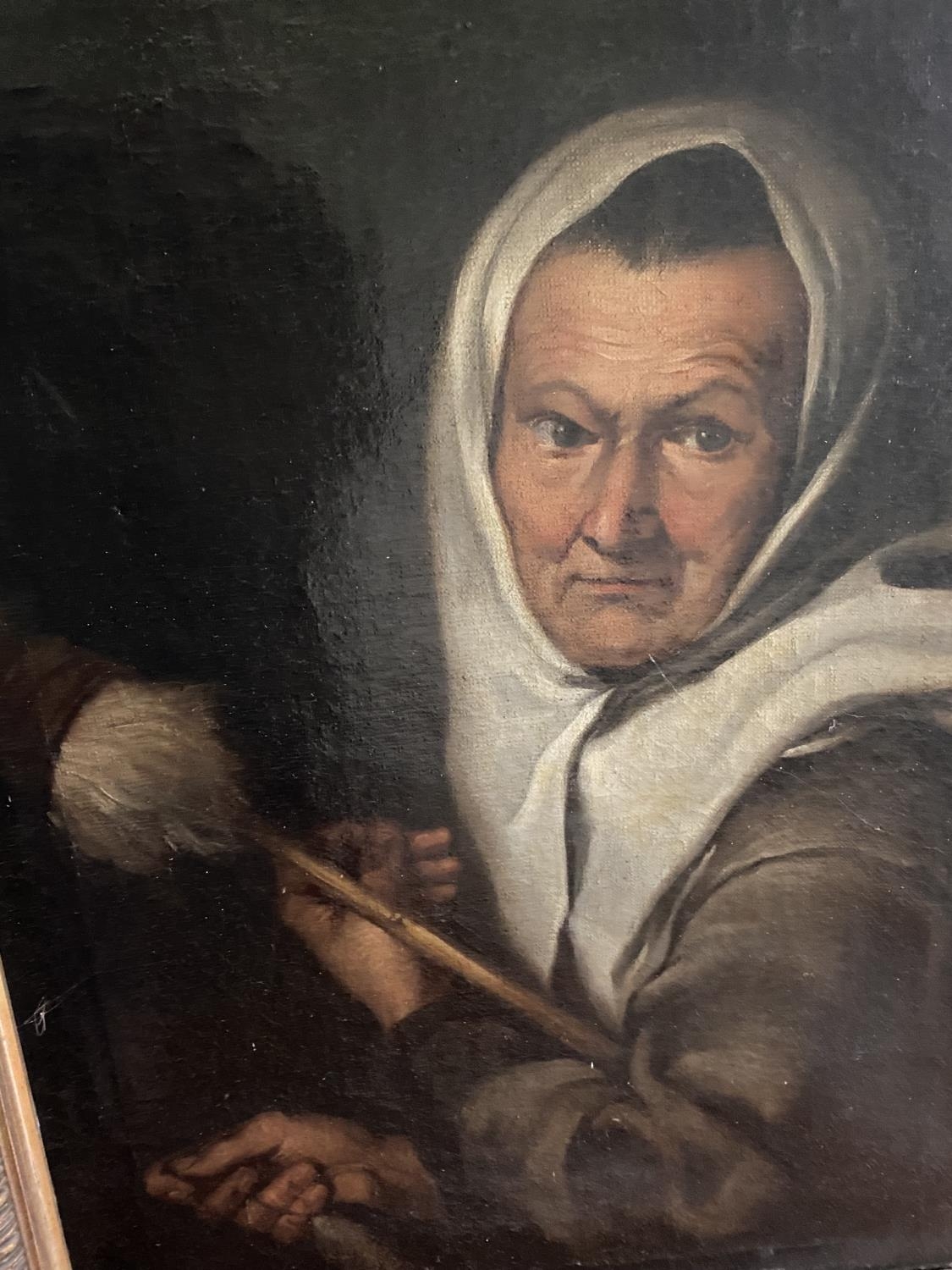 18th. C. Dutch School Old Woman Spinning Oil on Canvas mounted in a gilt frame { 81cm H X 70cm W } - Image 2 of 4