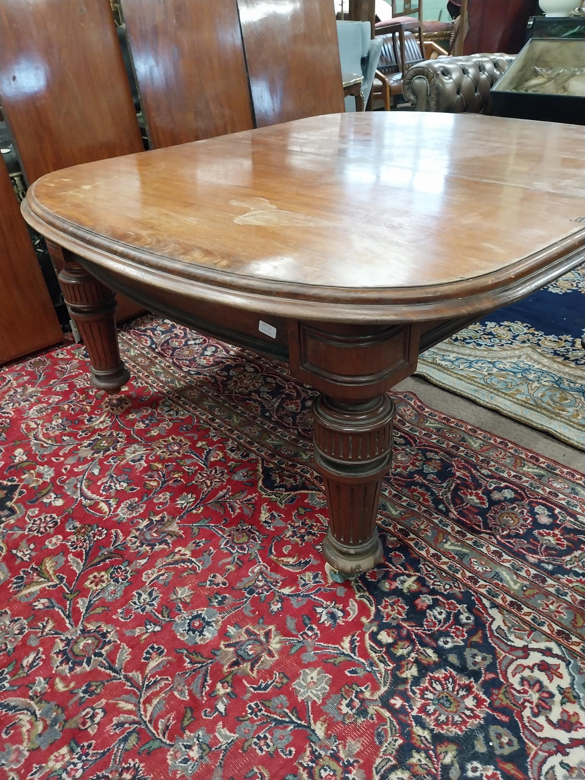 19th C. mahogany extension dining table with four extra leaves on reeded legs and brass castors { - Image 2 of 4