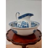 Early 20th C. blue and white ceramic jug and basin set by Willow Wedgewood {22 cm H x 31 cm Dia}.