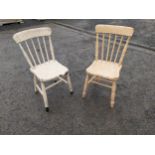 Pair of 19th C. painted pine spindle back chairs {84 cm H x 38 cm W x 46 cm D }.