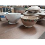 Two ceramic porridge bowls - one floral spongeware and one floral transfer {8 cm H x 14 cm Dia.