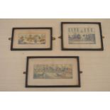 Set of three coloured coaching framed prints {25 cm H x 35 cm W}.