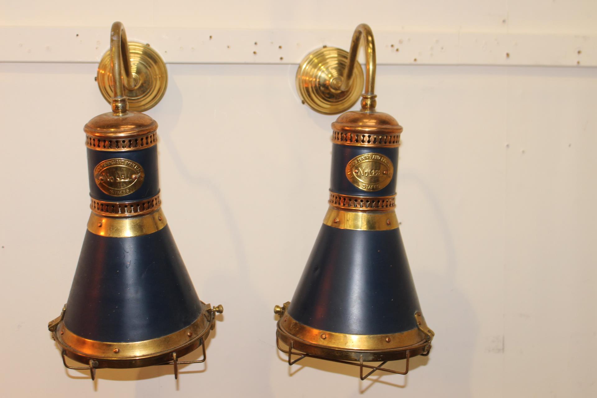 Pair of brass and blue hanging lights {43 cm H x 21 cm W x 33 cm D}.