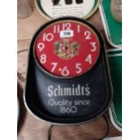 Schmidt's Perspex advertising clock {36 cm H x 26 cm W x 10 cm D}.