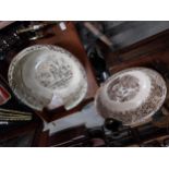 Two 19th C. brown and white transfer pattern ceramic mixing bowls with damage {13 cm H x 38 cm