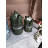 Two Petroleum green enamel cans - 2Ltr. And 1L. {26cm H & 20cm H}.