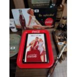 Coca Cola tin plate drinks tray and advertising sign {44 cm H x 32 cm W and 25 cm H x 50 cm W}.