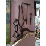 Collection of eight items bridle, hames, auger, sheep shears, sickle, horse shoe and donkey shoe and