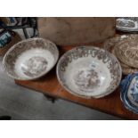 Two 19th C. brown and white transfer pattern ceramic mixing bowls with damage {13 cm H x 38 cm