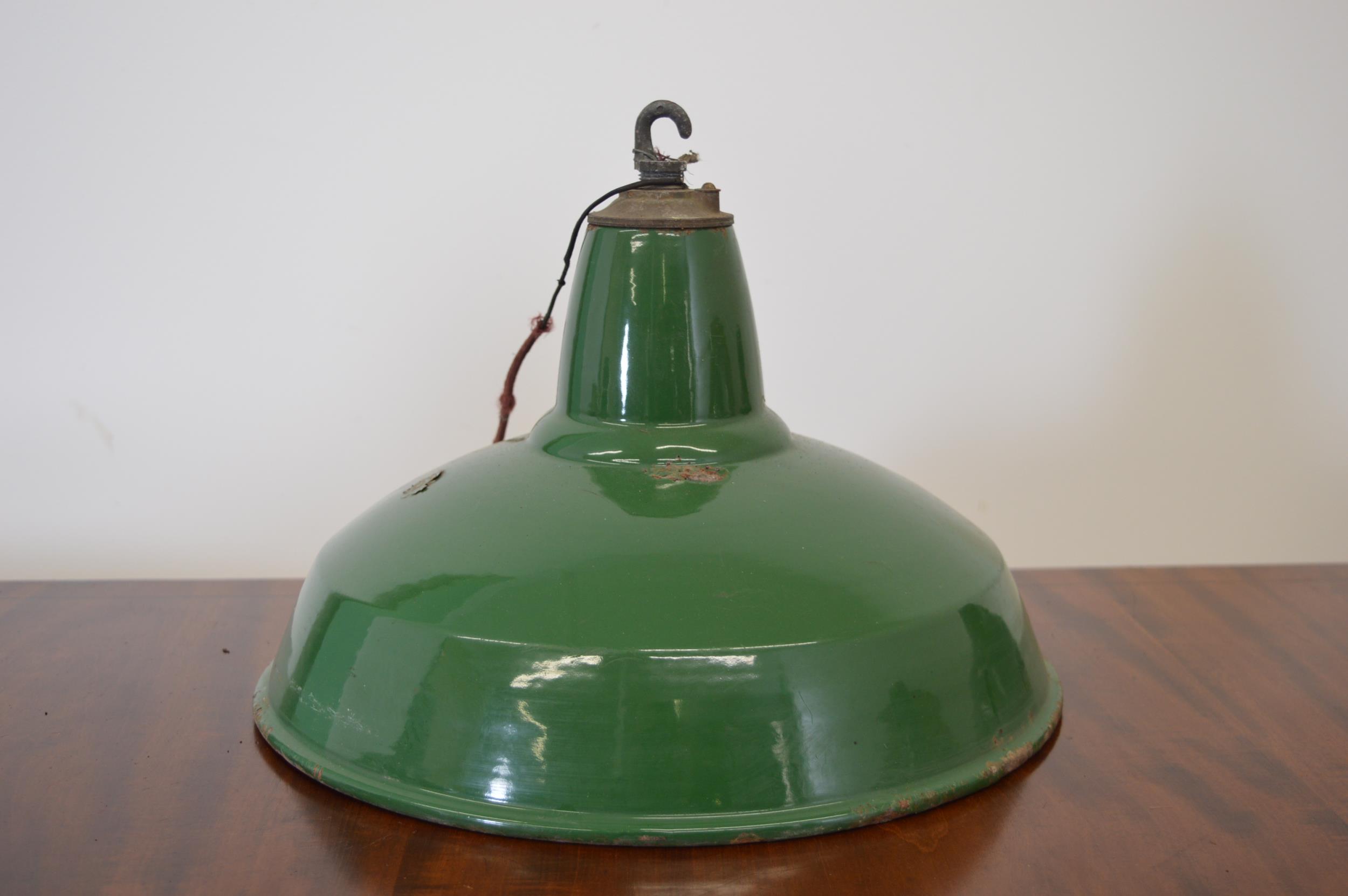 Set of four vintage green enamel industrial light shades {30 cm H x 35 cm W}. - Image 2 of 3