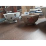 20th C. ceramic porridge bowls - Floral spongeware pattern and Floral transfer pattern {9 cm H x