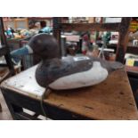 Extremely rare 19th C. wooden decoy Duck with original paint {15 cm H x 36 cm W x 13 cm D}.