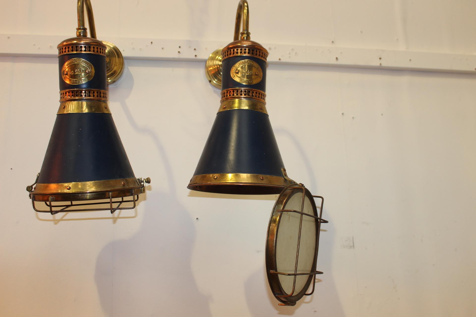 Pair of brass and blue hanging lights {43 cm H x 21 cm W x 33 cm D}. - Image 3 of 4