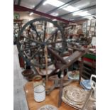 19th C. oak spinning wheel {103 cm H x 57 cm W}.