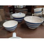 Three blue stripped ceramic bowls - Two pudding bowls {11 cm H x 18 cm Dia. And 10 cm H x 18 cm